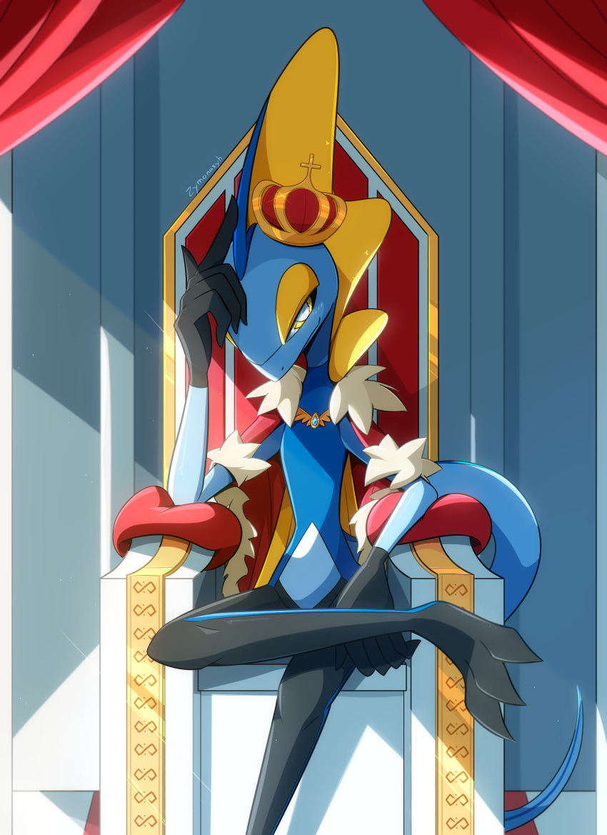 bright_pupils cape closed_mouth commentary crossed_legs crown fur-trimmed_cape fur_trim hatted_pokemon highres inteleon pokemon pokemon_(creature) red_cape sitting solo throne white_pupils yellow_eyes zymonasyh