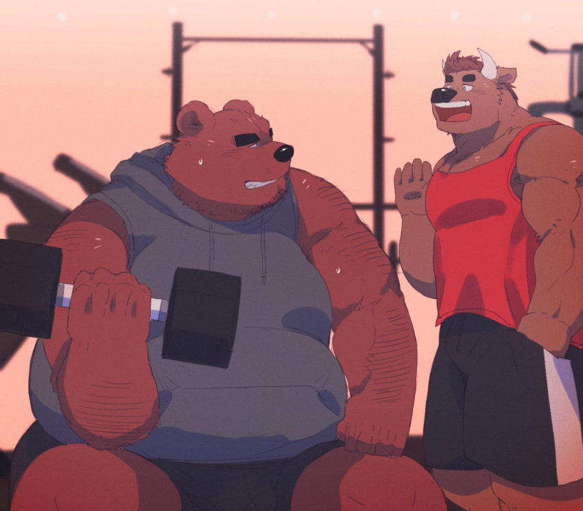 2021 anthro arufina_w bodily_fluids bottomwear bovid bovine brown_body brown_fur cattle clothing duo exercise fur gym hi_res hoodie kemono male mammal musclegut overweight overweight_male shirt shorts sitting sweat topwear ursid workout