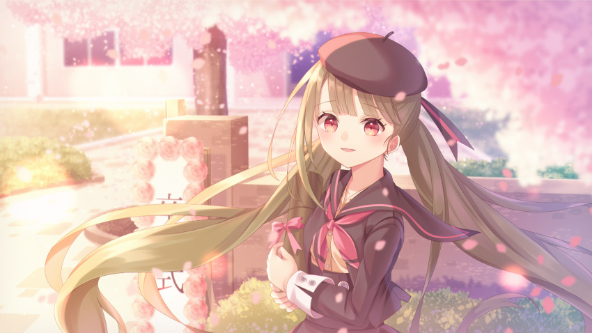 1girl bangs black_headwear black_serafuku blurry blurry_background blush cherry_blossoms eyebrows_visible_through_hair green_hair highres long_hair looking_at_viewer open_mouth red_eyes sakakidani school_uniform serafuku solo twintails vocaloid xin_hua xin_hua_(vocaloid4)