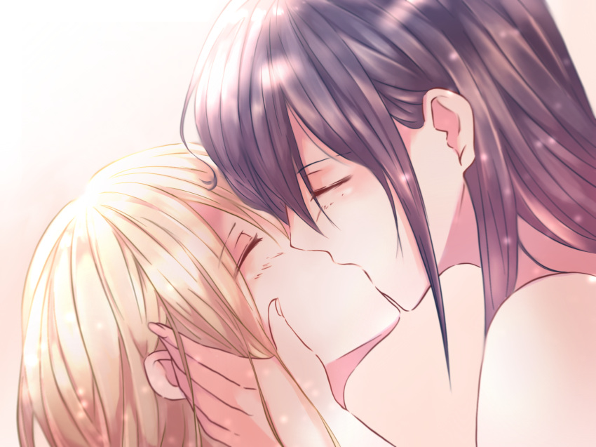 2girls aihara_mei aihara_yuzu bangs bare_shoulders black_hair blonde_hair citrus_(saburouta) closed_eyes eyebrows_visible_through_hair fingernails from_side hair_behind_ear hand_on_another's_cheek hand_on_another's_face highres kiss multiple_girls redqueen step-siblings wife_and_wife yuri