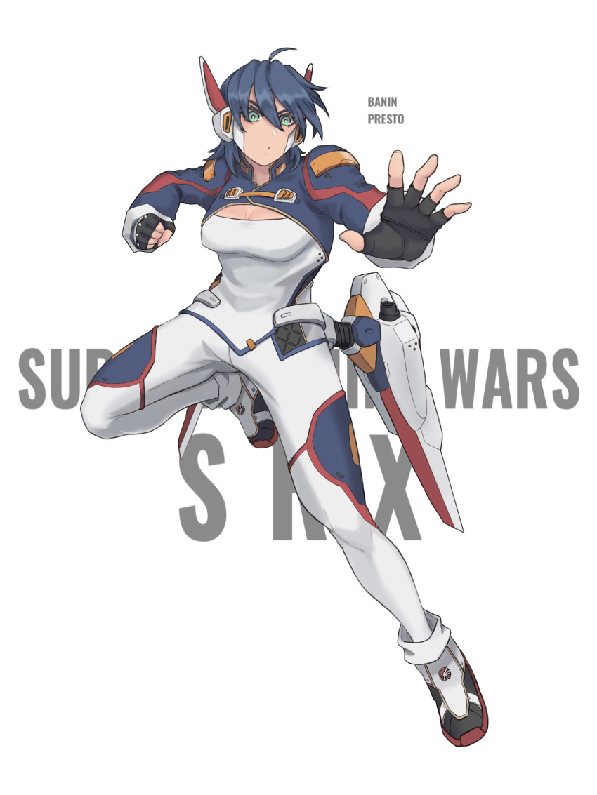 1girl black_gloves blue_hair bodysuit character_name chinese_commentary cleavage_cutout clenched_hand clothing_cutout eyebrows_behind_hair fingerless_gloves floating gloves green_eyes highres jinri_shijie mecha_musume open_hand personification r-1 short_hair solo super_robot_wars super_robot_wars_original_generation white_background white_bodysuit