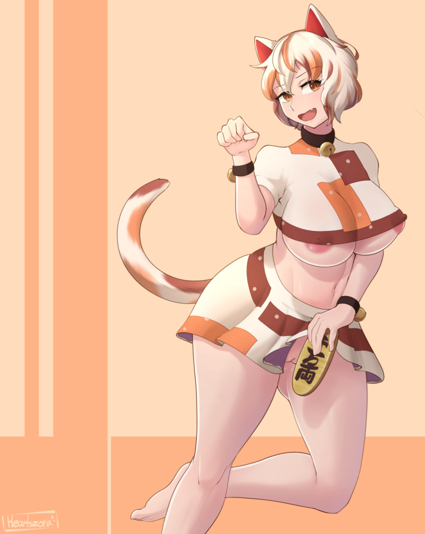 animal_humanoid bell big_breasts breasts brown_eyes clothed clothing collar felid felid_humanoid feline feline_humanoid female genitals hair heartszora hi_res humanoid mammal mammal_humanoid maneki_neko multicolored_hair nipple_slip nipples open_mouth pussy skimpy smile solo