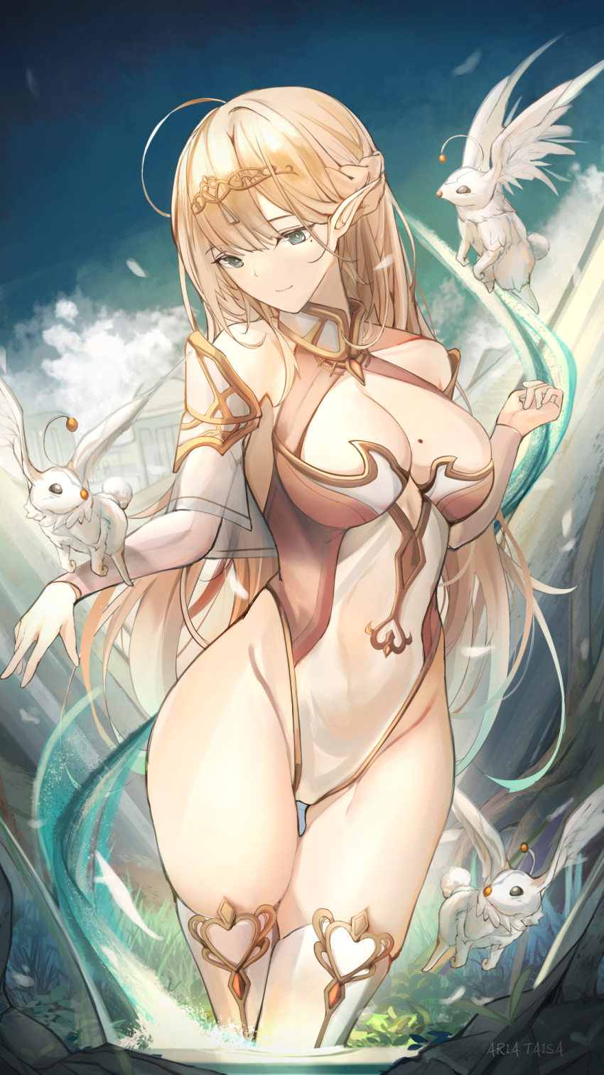 1girl animal aria_taisa bare_hips bare_shoulders blonde_hair braid breasts circlet cleavage cleavage_cutout clothing_cutout collar commander crossed_legs curvy elbow_sleeve elf highres large_breasts leotard long_hair pointy_ears silhouette smile solo thick_thighs thighhighs thighs virtual_youtuber yusha_m