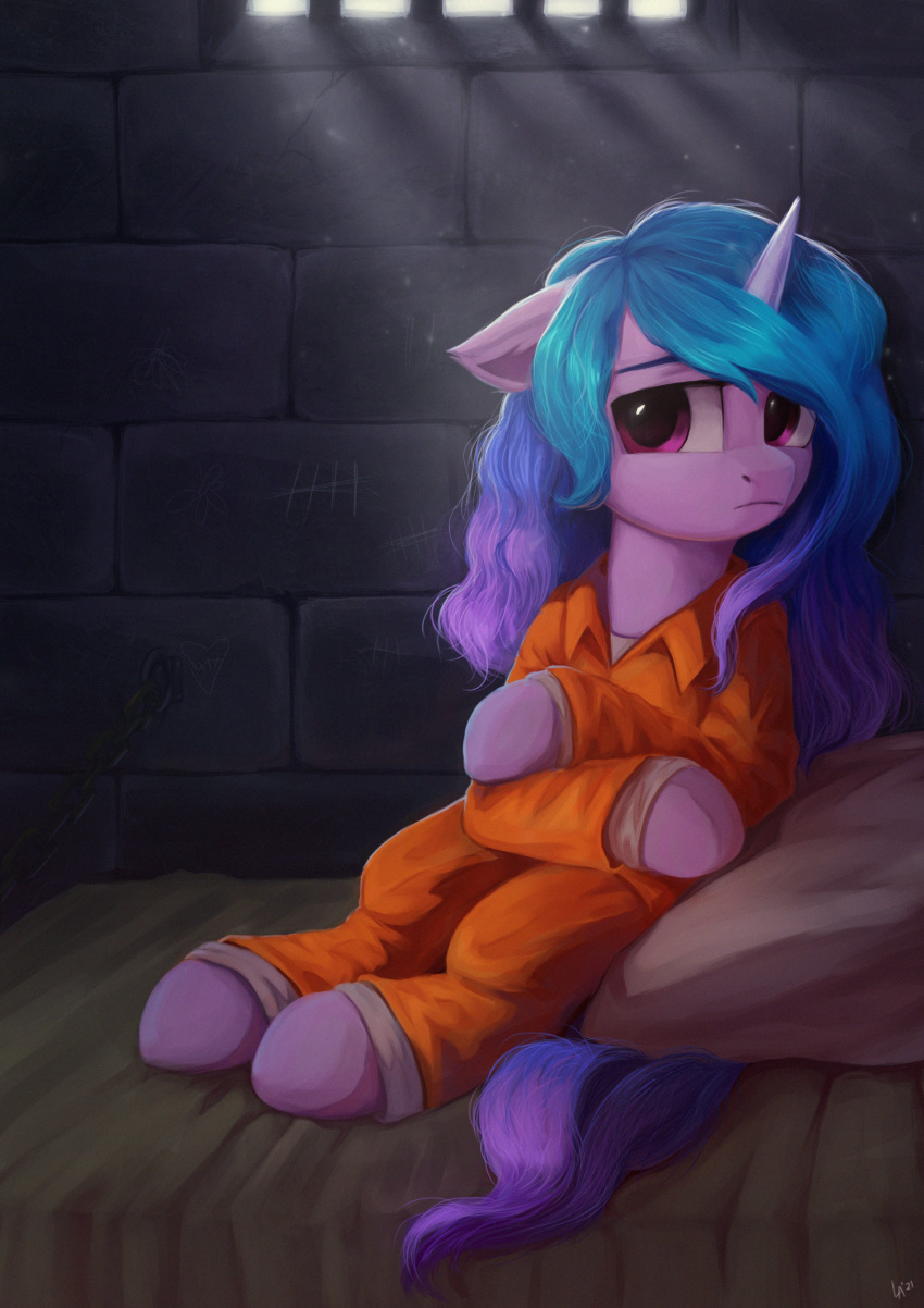 absurd_res blo0nya female feral hasbro hi_res izzy_moonbow_(mlp) loonya mlp_g5 my_little_pony prison prison_cell prison_jumpsuit prison_uniform sad solo