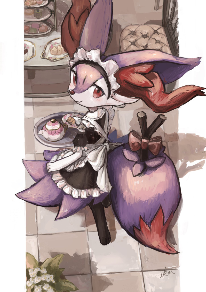 1girl alternate_color alternate_costume animal_ear_fluff animal_ears animal_nose apron artist_name back_bow black_dress black_fur black_sleeves blush body_fur bow braixen cafe chair closed_mouth clothed_pokemon commentary cookie cupcake detached_sleeves dress eevee enmaided fang flower food fox_ears fox_girl fox_tail frilled_apron frilled_dress frilled_sleeves frills from_above from_behind full_body furry gen_1_pokemon gen_6_pokemon happy highres holding holding_tray ikei indoors jpeg_artifacts looking_at_viewer looking_back looking_up maid maid_apron maid_headdress outside_border paws pikachu pillarboxed plant plate pokemon pokemon_(creature) potted_plant puffy_short_sleeves puffy_sleeves purple_fur red_bow red_eyes shiny_pokemon short_sleeves signature skin_fang sleeveless sleeveless_dress smile snout solo standing stick table tail teapot tiered_tray tray walking white_apron white_flower white_fur