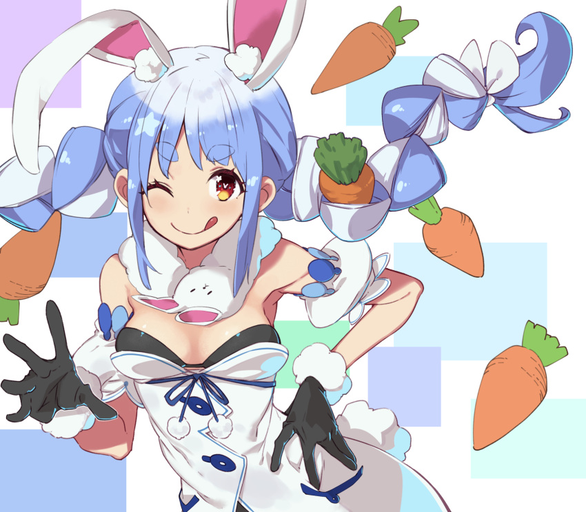 1girl :p animal_ear_fluff animal_ears armpits bangs black_gloves blue_hair bow braid breasts bunny-shaped_pupils bunny_ears carrot carrot_hair_ornament detached_sleeves don-chan_(usada_pekora) dress eyebrows_visible_through_hair food_themed_hair_ornament fur_scarf fur_trim gloves hair_between_eyes hair_bow hair_ornament hand_on_hip highres hololive long_hair looking_at_viewer multicolored_hair one_eye_closed orange_eyes pom_pom_(clothes) puffy_short_sleeves puffy_sleeves rabbit_girl short_dress short_eyebrows short_sleeves simple_background solo strapless strapless_dress thick_eyebrows tongue tongue_out twin_braids two-tone_hair usada_pekora ushiki_yoshitaka virtual_youtuber white_bow white_dress white_hair