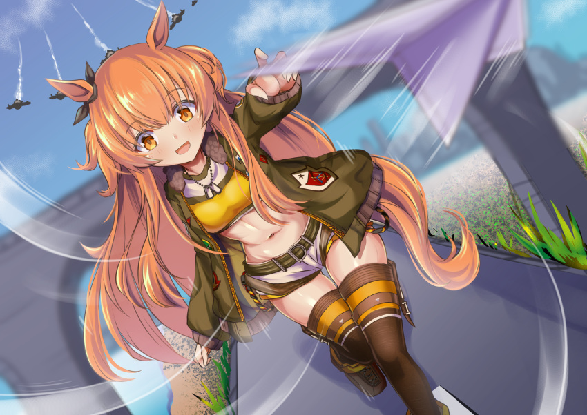 1girl :d absurdres aircraft airplane animal_ears bangs black_ribbon blue_sky blush breasts bridge brown_eyes brown_footwear brown_legwear cloud commentary_request crop_top day dog_tags dutch_angle ear_ribbon eyebrows_visible_through_hair fighter_jet full_body grass green_belt green_jacket groin hair_between_eyes highres horse_ears horse_tail jacket jet long_hair long_sleeves looking_at_viewer manatu_kato mayano_top_gun midriff military military_vehicle motion_blur motion_lines navel open_clothes open_jacket open_mouth orange_hair outdoors paper_airplane ribbon road shadow shirt shoes short_shorts shorts sidelocks skindentation sky small_breasts smile solo standing standing_on_one_leg tail thighhighs two_side_up umamusume very_long_hair visible_air white_shorts yellow_shirt