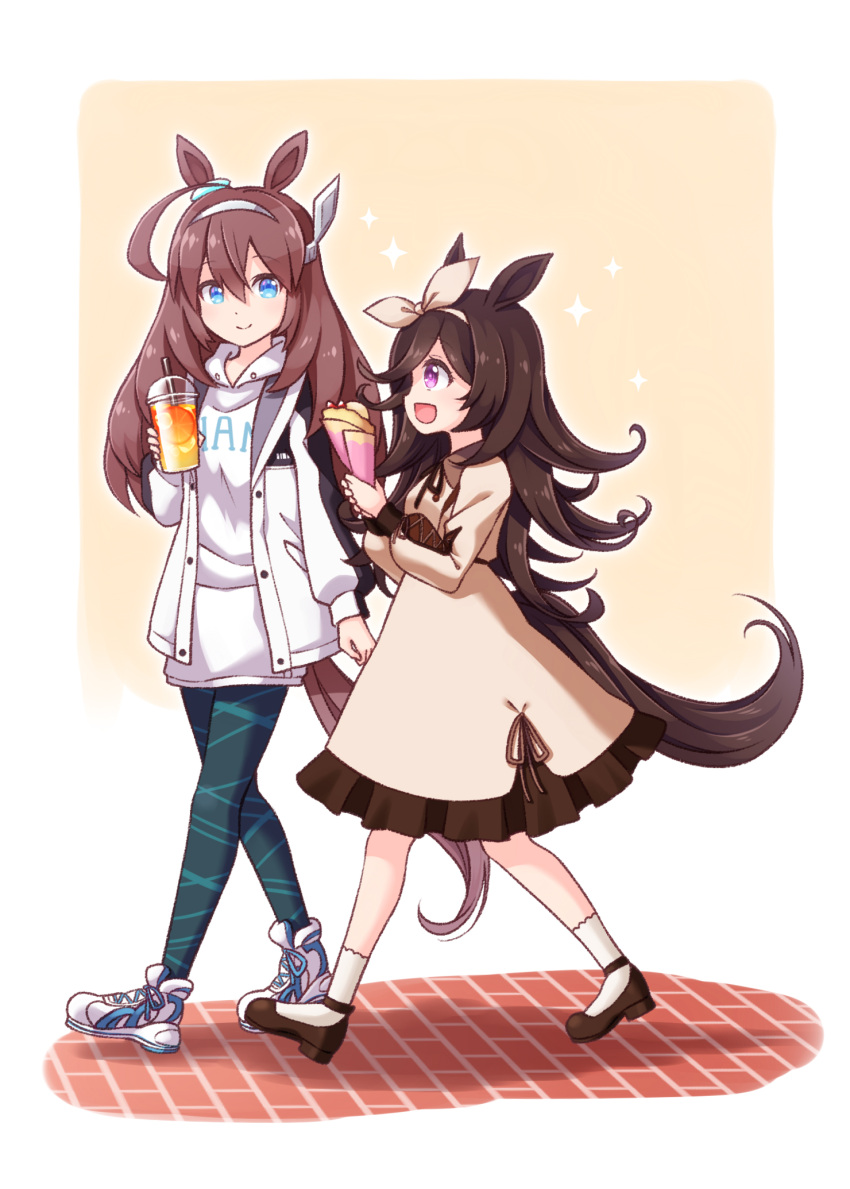 2girls :d ahoge animal_ears bangs black_hair blue_eyes brown_dress brown_footwear brown_hair commentary_request crepe cup disposable_cup dress drinking_straw eyebrows_visible_through_hair food frilled_dress frills hair_between_eyes hair_over_one_eye highres holding holding_cup holding_food hood hood_down hoodie horse_ears horse_girl horse_tail jacket long_hair long_sleeves mihono_bourbon multiple_girls open_clothes open_jacket open_mouth pantyhose puffy_long_sleeves puffy_sleeves purple_eyes rice_shower sansei_rain shoes sleeves_past_wrists smile sneakers socks sparkle tail umamusume very_long_hair walking white_footwear white_hoodie white_jacket white_legwear