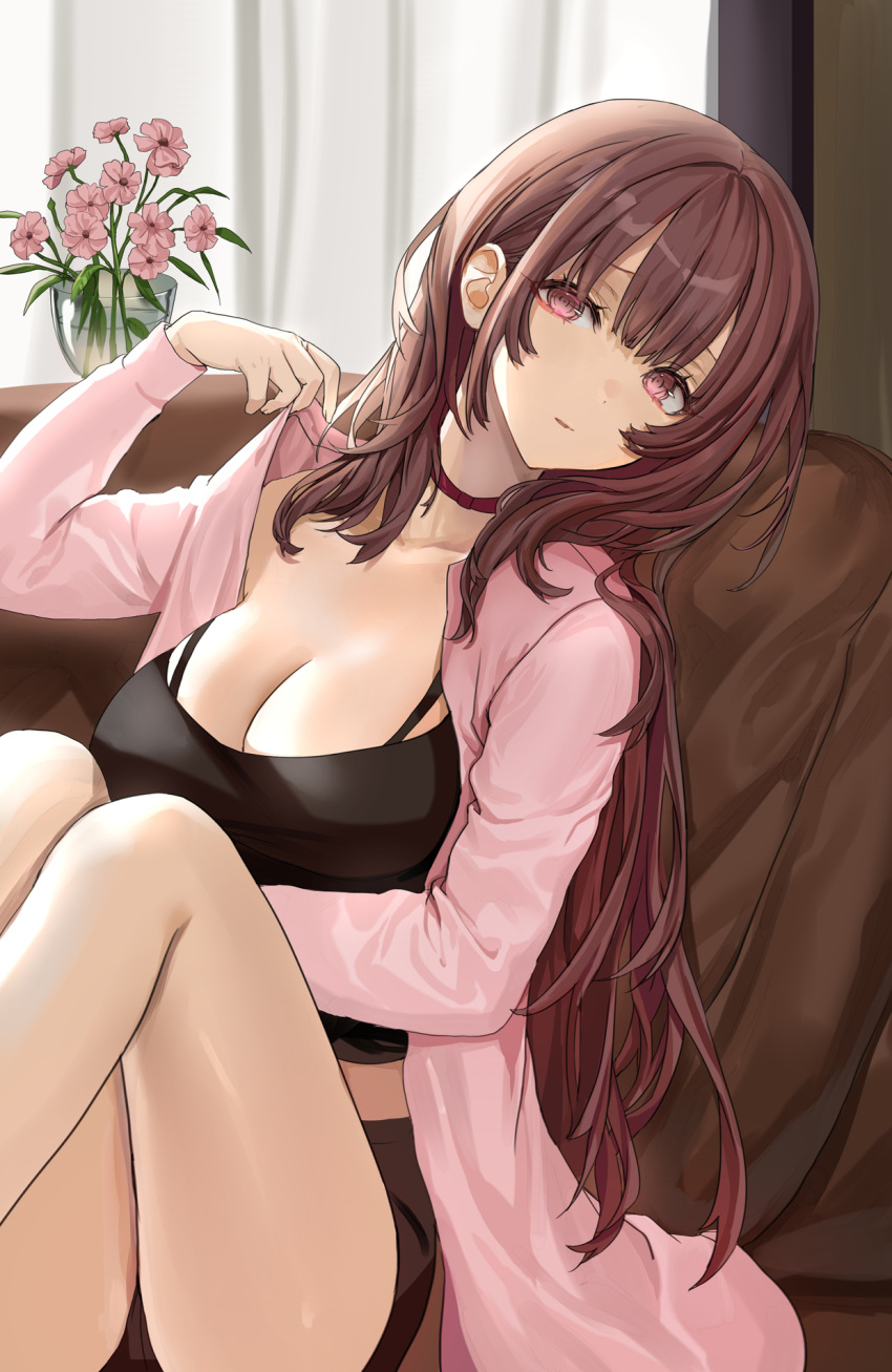 1girl black_shirt black_shorts bra_strap breasts brown_hair choker cleavage collarbone flower hand_up head_tilt highres indoors jacket knees_up large_breasts lloule long_hair long_sleeves looking_at_viewer midriff open_clothes open_jacket original parted_lips pink_flower pink_jacket red_eyes shirt short_shorts shorts sitting solo thighs