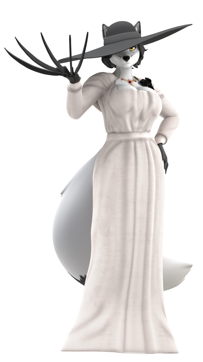3d_(artwork) absurd_res amber_eyes anthro basedvulpine basedvulpine_(character) canid canine capcom claws clothing cosplay digital_media_(artwork) dress female fox fur grey_body grey_fur hand_on_hip hi_res huge_filesize lady_dimitrescu_(resident_evil) long_dress looking_at_viewer mammal resident_evil smiling_at_viewer solo sun_hat vampire video_games