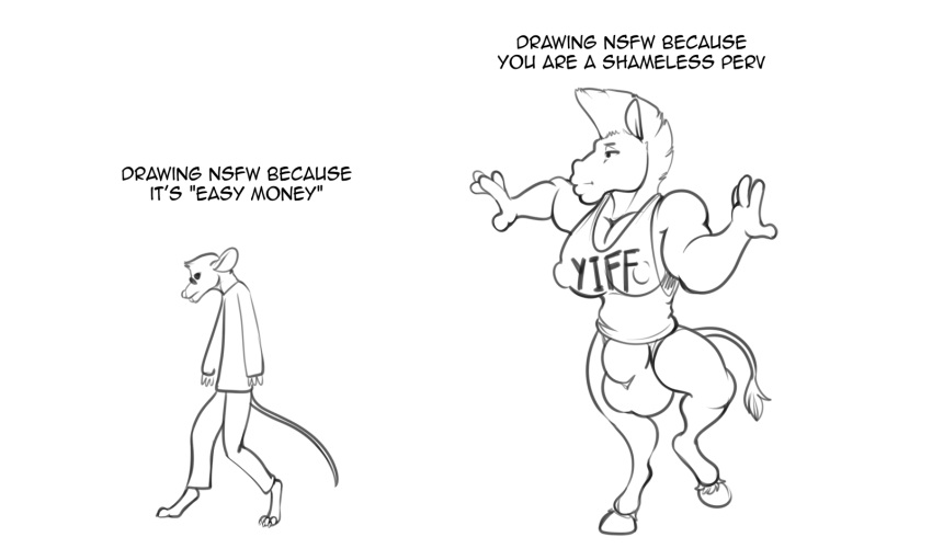 2021 anthro balls_outline black_and_white bottomwear breasts bulge clothed clothing comparing digitigrade duo english_text equid equine freckles_(artist) genital_outline gynomorph hair hi_res hooves horse humor intersex long_sleeves male mammal meme mohawk monochrome murid murine muscular muscular_anthro muscular_gynomorph muscular_intersex nipple_outline pants rat rodent shirt simple_background tank_top text text_on_clothing text_on_shirt text_on_tank_top text_on_topwear topwear underwear virgin_vs._chad white_background