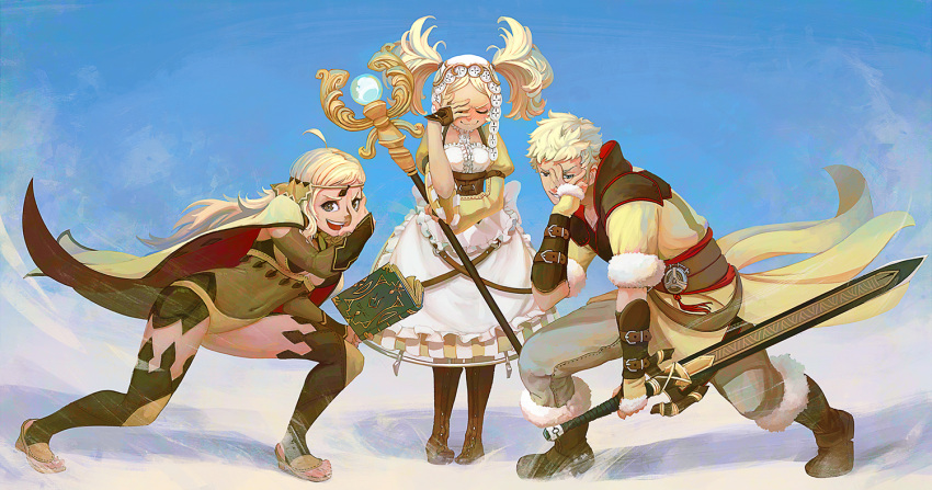 1boy 2girls ahoge apron blonde_hair book boots breasts bridal_gauntlets cape cleavage dress embarrassed facepalm father_and_daughter fingerless_gloves fire_emblem fire_emblem_awakening fire_emblem_fates gloves grandmother_and_granddaughter hand_over_face headdress lissa_(fire_emblem) mother_and_son multiple_girls ophelia_(fire_emblem) owain_(fire_emblem) pose reverse_grip smile staff standing sword thighhighs time_paradox toeless_legwear twintails wafferscotch wavy_mouth weapon