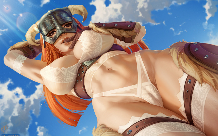 1girl abs arm_up armpits beltbra blue_eyes blue_sky breasts brown_gloves cameltoe cleavage cloud covered_nipples day dovahkiin english_commentary finger_in_mouth from_below fur_trim gloves helmet highres horned_helmet lace lace_panties large_breasts legs_together lens_flare lingerie lips long_hair looking_at_viewer navel orange_hair panties sheer_legwear sky solo standing the_elder_scrolls the_elder_scrolls_v:_skyrim themaestronoob thighhighs toned underwear vambraces white_garter white_panties