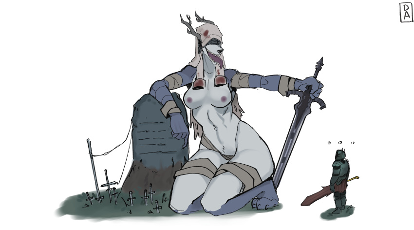 absurd_res ambiguous_gender anthro artorias_the_abysswalker bloodborne breasts canid canine canis duo female fromsoftware goonie-san great_grey_wolf_sif hi_res human leaning_on_object male male/female mammal midriff sitting sony_corporation sony_interactive_entertainment souls_(from_software) standing swordsman tombstone tongue tongue_out vicar_amelia video_games wolf