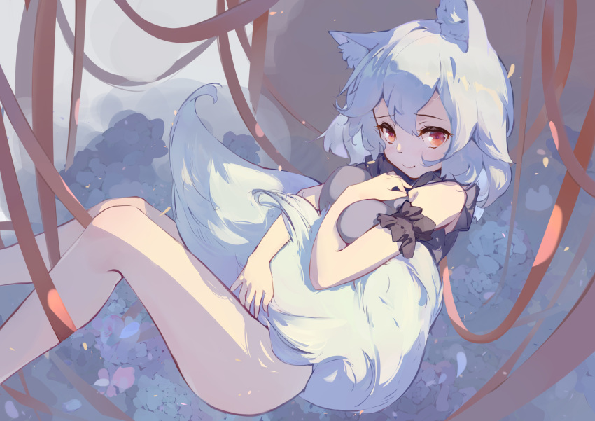 1girl absurdres animal_ear_fluff animal_ears arm_between_breasts artist_request bare_shoulders between_breasts blue_flower blush breasts eyebrows_visible_through_hair flower highres inubashiri_momiji large_breasts looking_at_viewer looking_to_the_side mik milk_(pixiv45069038) red_eyes ribbon short_hair silver_hair smile solo tail touhou turtleneck wolf_ears wolf_tail