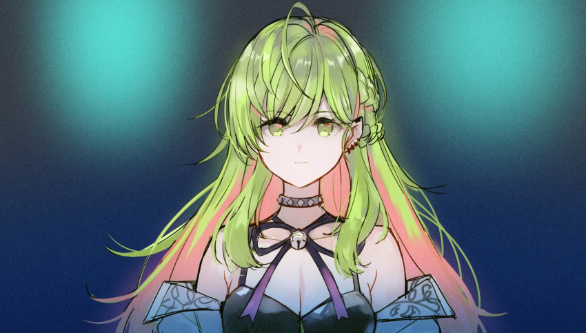 1girl ahoge bangs bare_shoulders bell black_camisole blue_jacket braid breasts camisole cleavage closed_mouth collar collarbone ear_piercing eyebrows_visible_through_hair green_eyes green_hair hair_between_eyes highres jacket jingle_bell long_hair looking_at_viewer medium_breasts meito_(maze) morinaka_kazaki multicolored_hair nijisanji off_shoulder piercing pink_hair smile solo spiked_collar spikes two-tone_hair upper_body virtual_youtuber