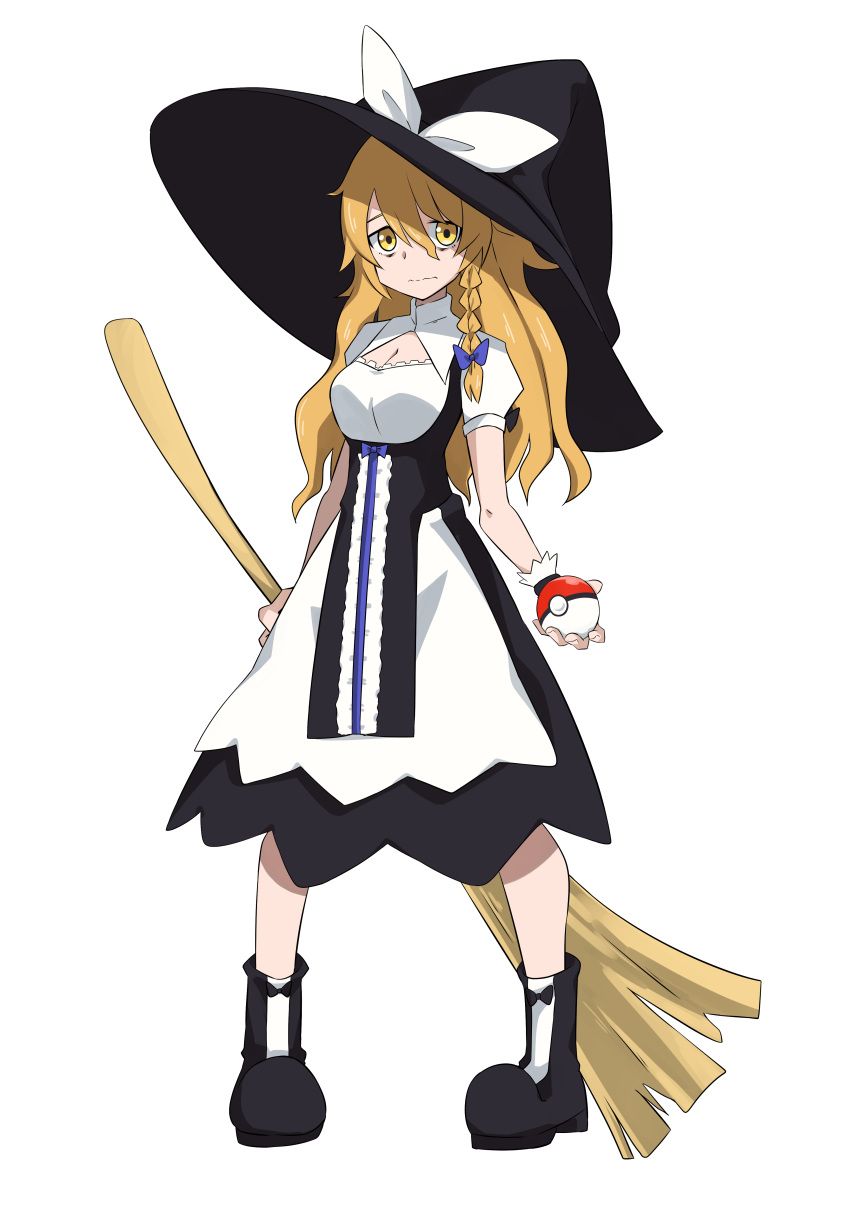 1girl absurdres bags_under_eyes bangs black_dress black_footwear black_headwear blonde_hair blouse blue_bow boots bow braid breasts broom cleavage cleavage_cutout closed_mouth clothing_cutout commentary_request cookie_(touhou) dress full_body hair_between_eyes hair_bow hat hat_ribbon highres holding holding_broom holding_poke_ball kirisame_marisa long_hair looking_at_viewer mars_(cookie) paburisiyasu parody poke_ball pokemon puffy_short_sleeves puffy_sleeves ribbon short_sleeves side_braid single_braid solo standing style_parody touhou transparent_background wavy_hair wavy_mouth white_blouse white_ribbon witch_hat yellow_eyes