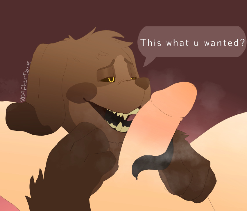 animatronic canid canine duo erection female feral fetch_(book) fetch_(fnaf) five_nights_at_freddy's fur genitals hi_res human machine male male/female mammal open_mouth oral penis rdafterdark robot sharp_teeth simple_background smile teeth text tongue tongue_out video_games