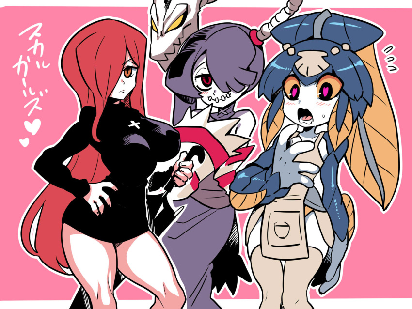 3girls apron bare_shoulders black_dress blue_hair blue_skin breasts closed_mouth colored_sclera colored_skin cross cross_necklace dress fish_girl flat_chest hair_ornament hair_over_one_eye highres jewelry large_breasts long_hair looking_at_viewer minette_(skullgirls) monster_girl multiple_girls necklace parasoul_(skullgirls) red_eyes red_hair shell side_ponytail skirt skullgirls smile squigly_(skullgirls) stitched_mouth stitches thighhighs tukiwani yellow_eyes yellow_sclera zombie