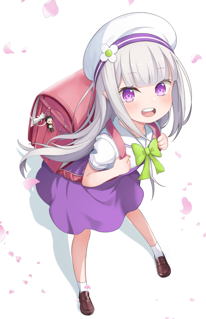 1girl :d absurdres backpack bag bangs beret blush bow bowtie brown_footwear cherry_blossoms commentary_request echiru39 emilia_(re:zero) eyebrows_visible_through_hair from_above full_body green_bow hat highres holding_strap keychain leaning_forward loafers long_hair looking_at_viewer open_mouth partial_commentary petals pointy_ears purple_eyes purple_skirt randoseru re:zero_kara_hajimeru_isekai_seikatsu round_teeth sailor_collar school_uniform shadow shoes sidelocks silver_hair skirt smile socks solo standing teeth white_background white_headwear white_legwear younger