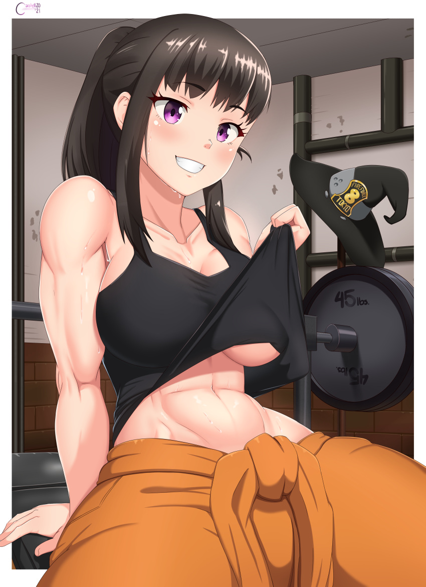 1girl abs absurdres bangs bare_arms bare_shoulders black_hair black_tank_top blunt_bangs breasts castell collarbone en'en_no_shouboutai hat highres indoors large_breasts lifted_by_self maki_oze muscular muscular_female orange_pants ponytail purple_eyes shirt_lift sitting smile solo stomach sweat tank_top toned underboob weightlifting weights witch_hat