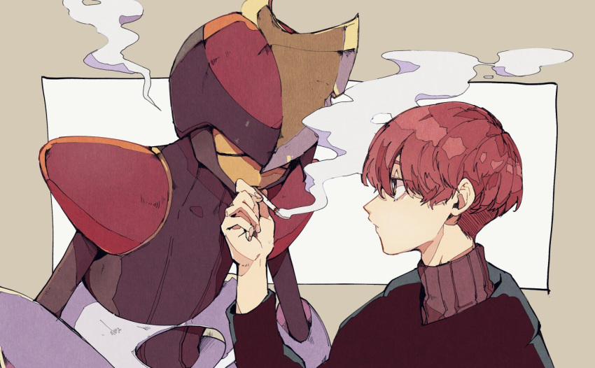 1boy bangs bisharp black_sweater cigarette closed_eyes commentary_request gen_5_pokemon hand_up holding holding_cigarette male_focus mouth_hold pokemon red_hair short_hair smoke smoking sweater turtleneck upper_body uraya