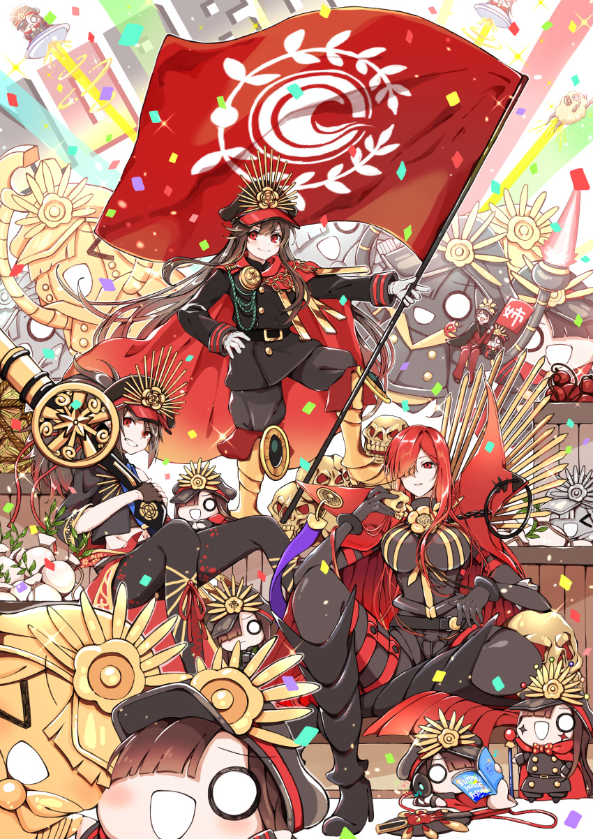 1boy 3girls absurdres belt black_hair black_jacket black_pants breasts chaldea_logo cloak confetti fate/grand_order fate_(series) flag gloves grin gun hair_over_one_eye hand_on_hip hat hi_(wshw5728) highres holding holding_flag holding_gun holding_weapon huge_filesize jacket large_breasts light long_hair looking_at_viewer military_hat multiple_girls musket oda_kippoushi_(fate) oda_nobukatsu_(fate) oda_nobunaga_(fate) oda_nobunaga_(fate)_(all) oda_nobunaga_(maou_avenger)_(fate) oda_uri pants red_cloak red_eyes robot sitting skull smile standing ufo weapon white_gloves