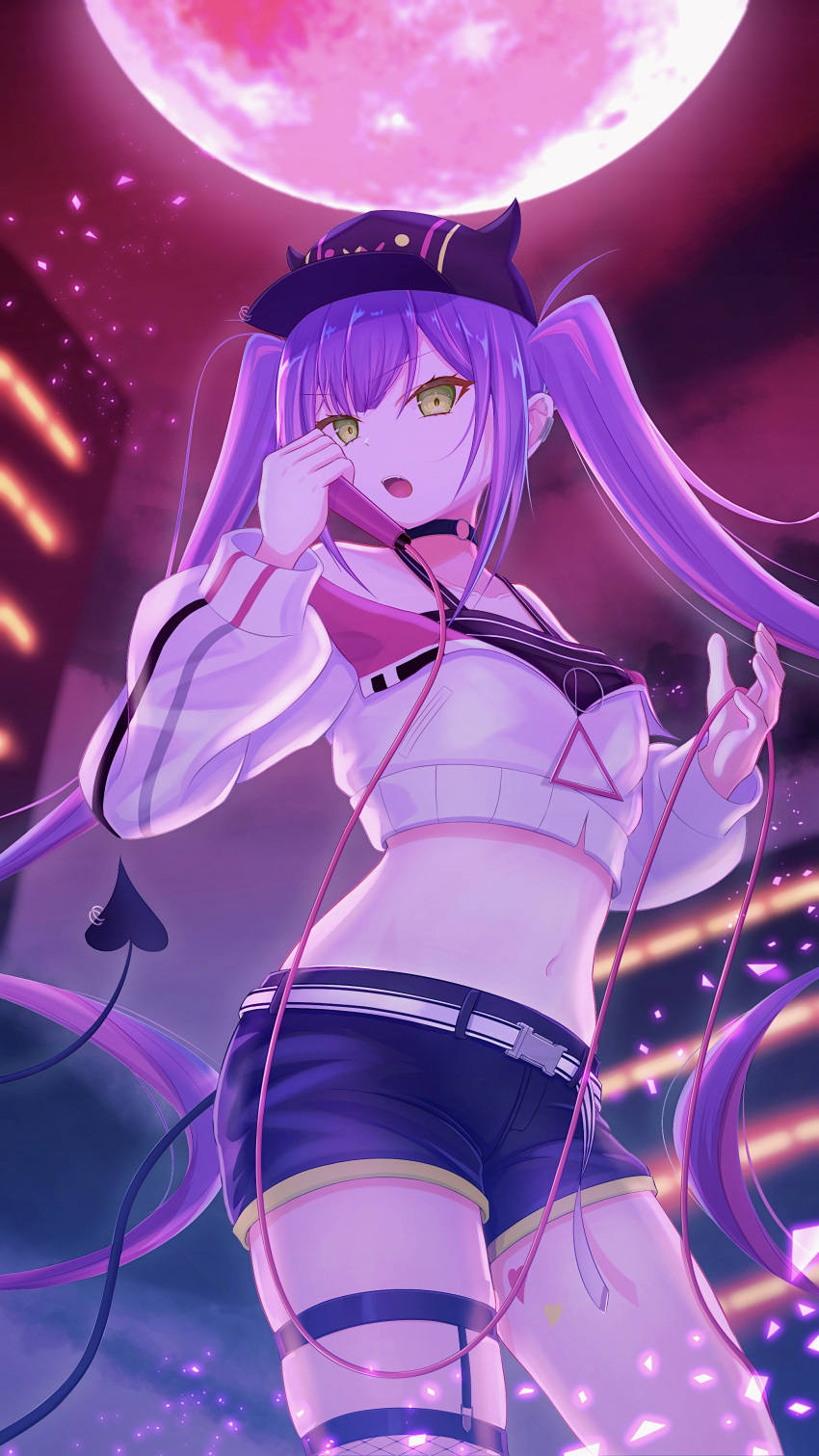 1girl absurdres anichika demon_girl green_eyes hat highres hololive looking_at_viewer looking_down purple_hair shorts tattoo tokoyami_towa twintails