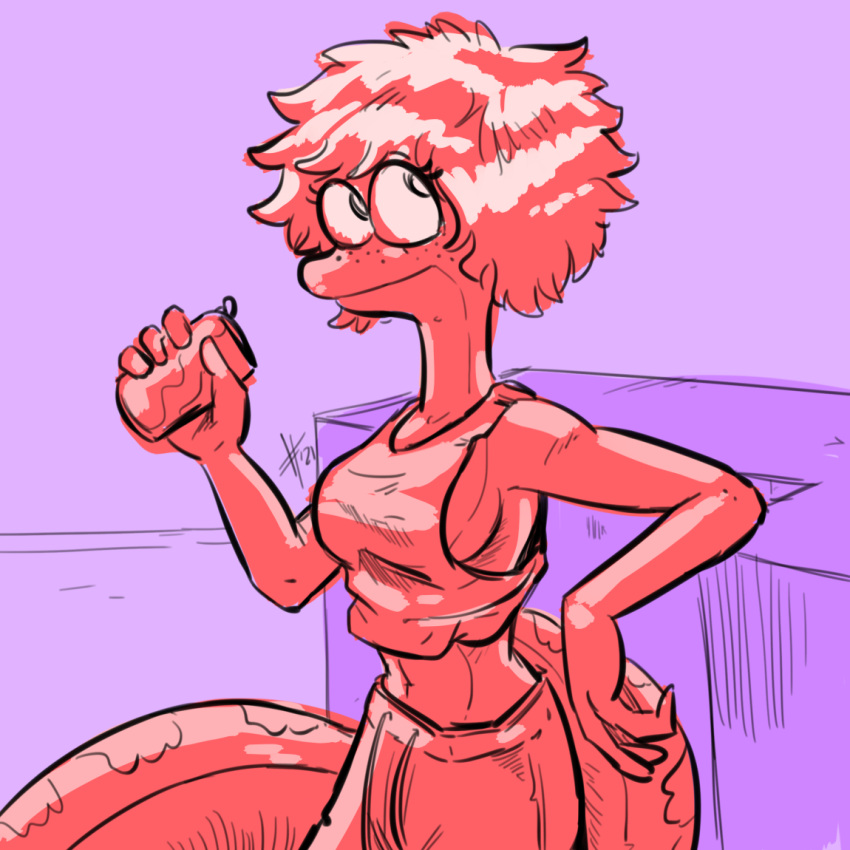 1:1 amphibia_(series) amphibian anthro arm_support bella_(amphibia) beverage_can breasts clothing disney female hair leaning_on_elbow midriff newt salamander_(amphibian) shirt short_hair side_boob solo sweatpants tank_top thedarkzircon topwear