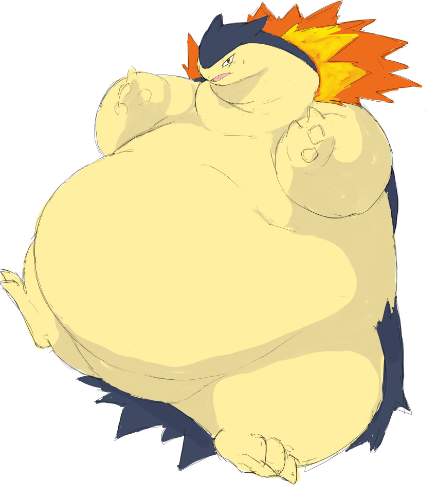 absurd_res ambiguous_gender anthro belly blue_hair feral fire hair hi_res morbidly_obese nintendo obese overweight pok&eacute;mon pok&eacute;mon_(species) simple_background solo typhlosion video_games yellow_belly yellow_body zephy_03