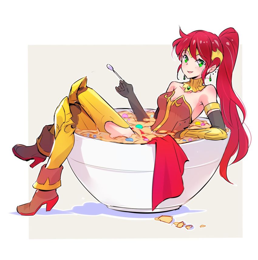 1girl armlet armor black_gloves boots breastplate cereal corset elbow_gloves forehead_protector gloves gorget greaves green_eyes high_heel_boots high_heels highres iesupa leg_armor long_hair ponytail pyrrha_nikos red_hair rwby sarong solo vambraces