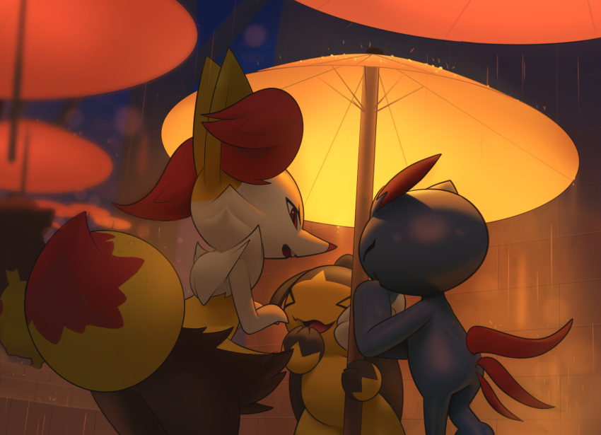 &gt;_&lt; blurry braixen closed_eyes commentary_request from_below furry gen_2_pokemon gen_3_pokemon gen_6_pokemon glowing hand_up highres holding holding_umbrella inkune mawile night open_mouth outdoors pokemon pokemon_(creature) rain smile sneasel umbrella