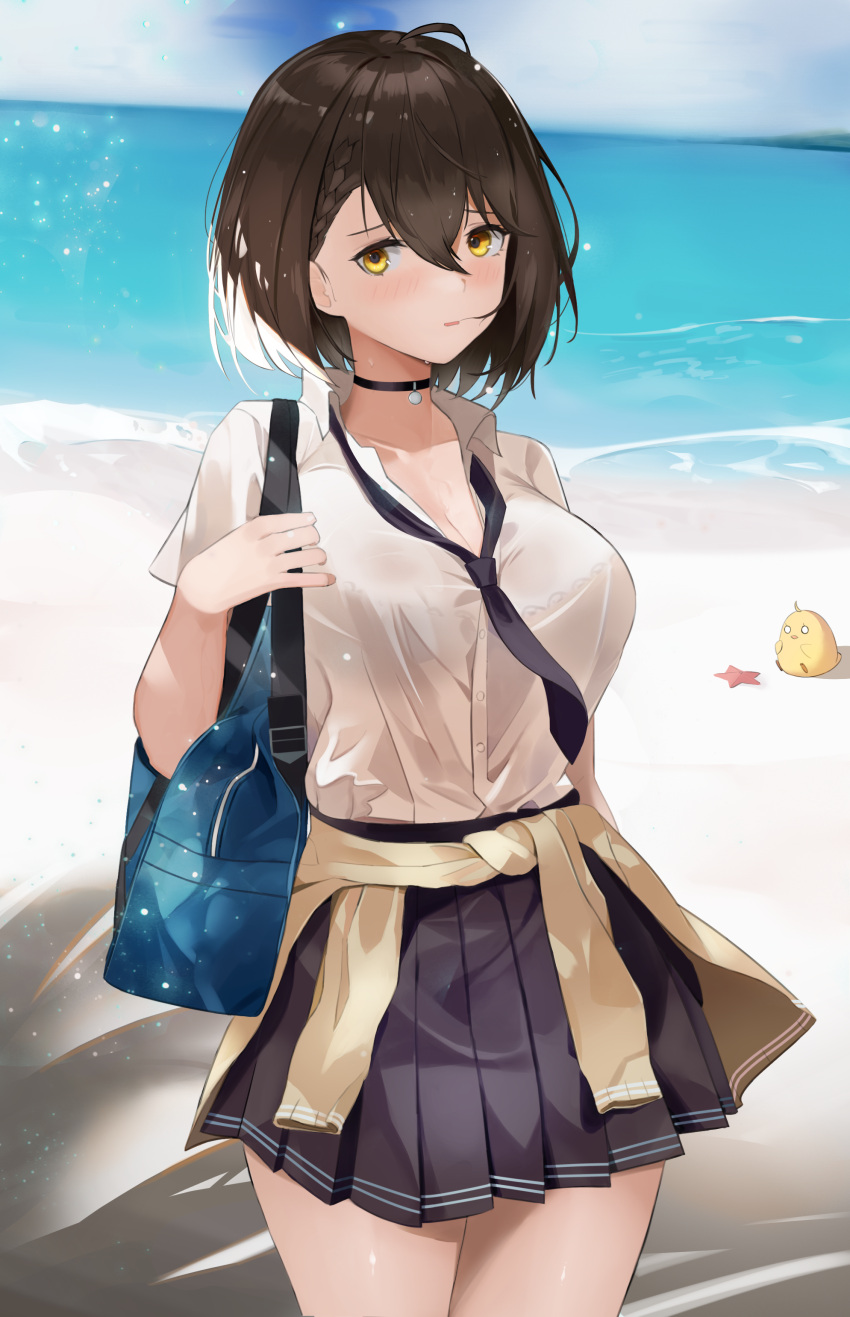 1girl absurdres ahoge azur_lane bag baltimore_(after-school_ace)_(azur_lane) baltimore_(azur_lane) bangs beach beige_cardigan bird black_choker black_neckwear black_skirt blue_sky blush blush_stickers bra_through_clothes braid breasts brown_hair cardigan cardigan_around_waist chick chinese_commentary choker cleavage clothes_around_waist cloud collarbone collared_shirt commentary_request cowboy_shot day eyebrows_behind_hair french_braid fumiho_(xzdt4574) hair_between_eyes highres large_breasts looking_at_viewer loose_necktie manjuu_(azur_lane) necktie ocean outdoors parted_lips pleated_skirt school_bag school_uniform shadow shirt short_hair short_sleeves sidelocks skirt sky solo_focus standing starfish wet wet_clothes wet_shirt white_shirt yellow_eyes