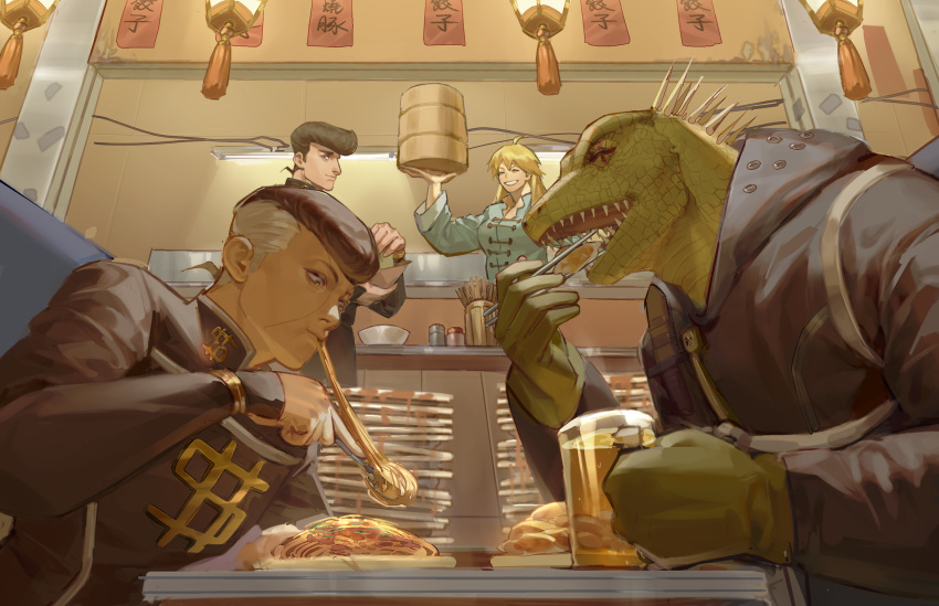 1girl 3boys ahoge alcohol atiti_(ttttt945) bamboo_steamer beer beer_mug black_hair blonde_hair chinese_commentary chopsticks closed_eyes commentary_request crossover cup diamond_wa_kudakenai dollar_sign dorohedoro dumpling eating facial_mark food fork grey_hair grin higashikata_josuke highres holding holding_chopsticks holding_fork jiaozi jojo_no_kimyou_na_bouken kaiman_(dorohedoro) lantern lizardman long_hair long_sleeves mug multicolored_hair multiple_boys nijimura_okuyasu nikaidou_(dorohedoro) noodles pasta plate plate_stack pompadour scales seiyuu_connection smile spaghetti takagi_wataru_(seiyuu) two-tone_hair