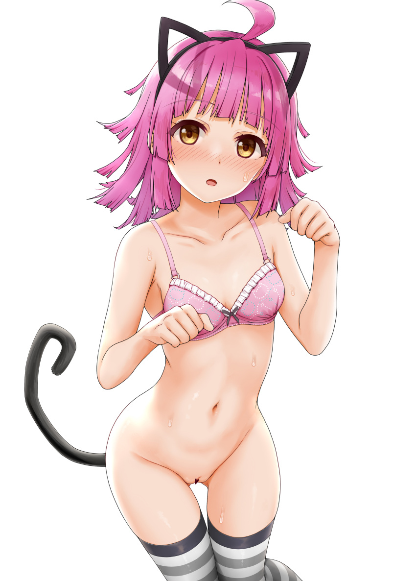 1girl absurdres ahoge animal_ears bangs bare_arms bare_shoulders blush bottomless bow bow_bra bra breasts brown_eyes cat_ears cat_tail censored collarbone eyebrows_visible_through_hair fake_animal_ears feet_out_of_frame frilled_bra frills groin hands_up heart heart_censor highres long_hair looking_at_viewer love_live! love_live!_nijigasaki_high_school_idol_club miel_(lessontome) navel nose_blush parted_lips paw_pose pink_bra pink_hair pussy simple_background small_breasts solo striped striped_legwear sweat tail tennouji_rina thigh_gap thighhighs underwear underwear_only white_background