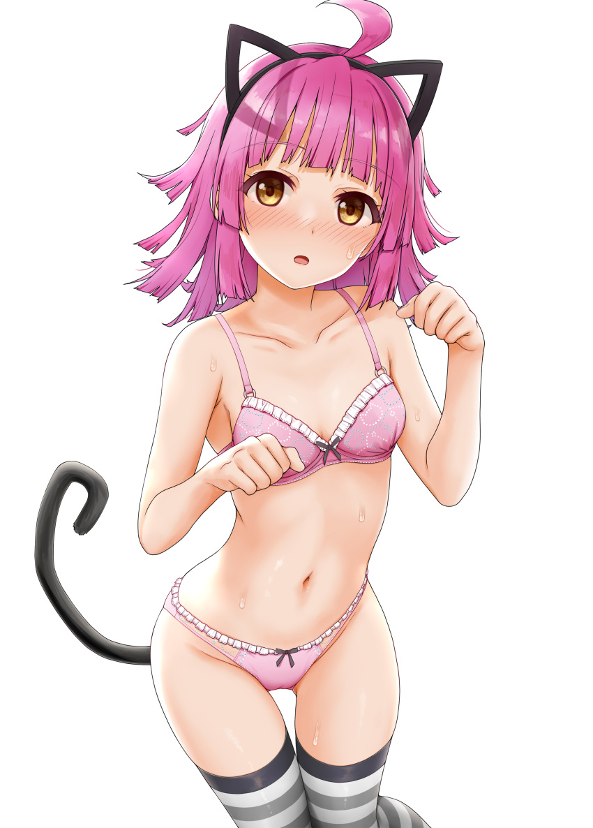 1girl absurdres ahoge animal_ears bangs bare_arms bare_shoulders blush bow bow_bra bow_panties bra breasts brown_eyes cat_ears cat_tail collarbone eyebrows_visible_through_hair fake_animal_ears feet_out_of_frame frilled_bra frilled_panties frills groin hands_up highres long_hair looking_at_viewer love_live! love_live!_nijigasaki_high_school_idol_club miel_(lessontome) navel nose_blush panties parted_lips paw_pose pink_bra pink_hair pink_panties simple_background small_breasts solo striped striped_legwear sweat tail tennouji_rina thigh_gap thighhighs underwear underwear_only white_background