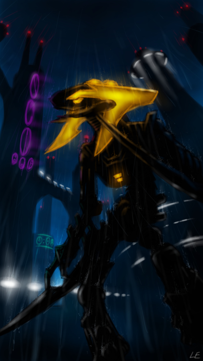 2015 ambient ambient_glow ambiguous_gender bionicle building check_translation city city_background city_lights cityscape detailed_background digital_drawing_(artwork) digital_media_(artwork) downpour glowing glowing_eyes hi_res humanoid lego light_outline llortor machine melee_weapon mouthless night not_furry orange_glow outside raining robot silhouette simple_background sky solo solo_focus standing text tower translation_request vahki water weapon weapon_arm