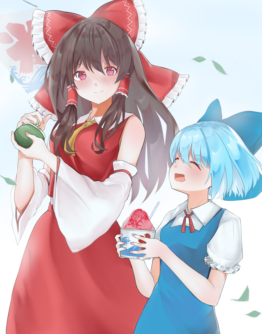 1girl 258n absurdres arms_up black_hair blue_background blue_dress blue_hair blush bow breasts cirno closed_eyes coin_purse commentary cowboy_shot cravat detached_sleeves dress eyebrows_visible_through_hair food hair_between_eyes hair_bow hair_tubes hakurei_reimu height_difference highres holding holding_food holding_purse leaf light_smile long_hair looking_at_viewer medium_breasts neck_ribbon neckwear_between_breasts open_mouth pinafore_dress pink_eyes puffy_short_sleeves puffy_sleeves red_neckwear red_skirt red_vest ribbon shaved_ice shirt short_hair short_sleeves sidelocks sign skirt standing touhou upper_body very_long_hair vest white_shirt yellow_neckwear
