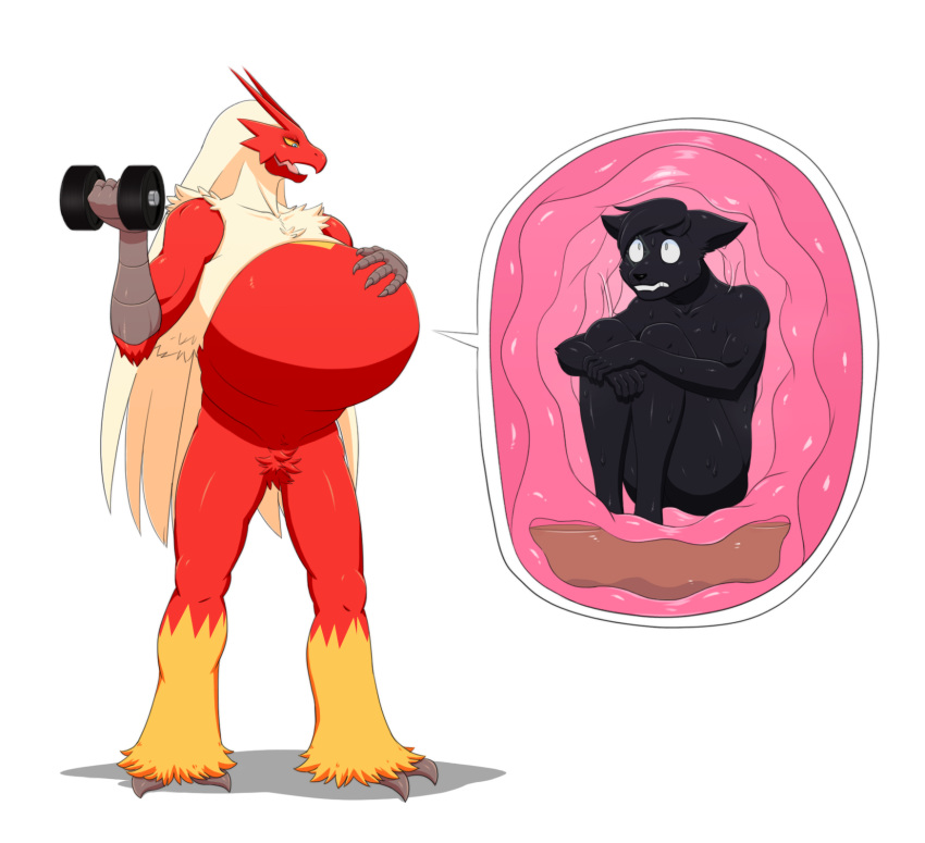 2019 4_fingers abdominal_bulge after_vore anthro anthro_pred anthro_prey avian beak belly biceps big_belly bird blaziken blue_eyes bodily_fluids bombay_cat claws crop_(anatomy) cutaway digital_media_(artwork) domestic_cat dumbbell duo exercise fan_character feathers featureless_crotch felid feline felis finger_claws fingers grey_claws hand_on_stomach hi_res holding_belly holding_object internal looking_at_self looking_down male male_pred male_prey mammal narrowed_eyes nintendo nude open_beak open_mouth open_smile oral_vore pink_tongue pok&eacute;mon pok&eacute;mon_(species) red_beak red_body red_feathers sable_argyle_(blazingsol) scuted_arms shadow silentsound simple_background size_difference smile soft_vore standing stomach_acid terramite tongue video_games vore weightlifting weights white_background white_body white_feathers workout yellow_body yellow_feathers yellow_sclera