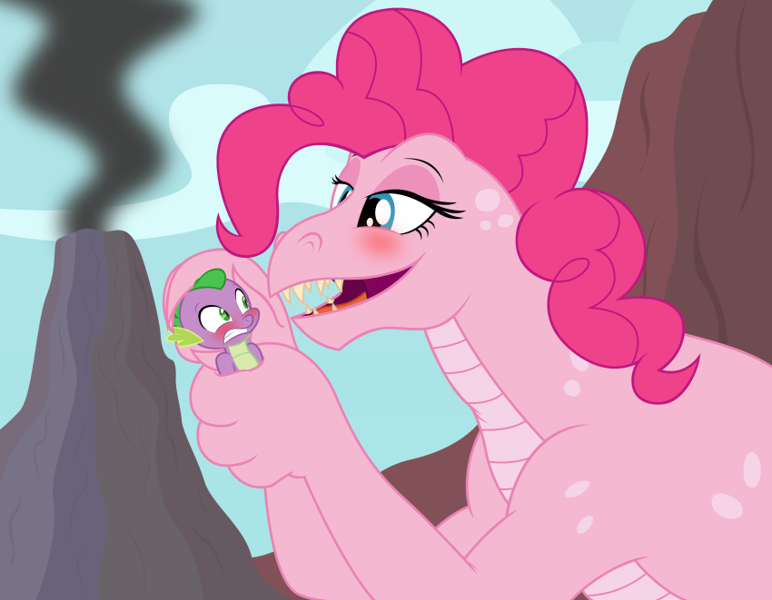 absurd_res alternate_species badumsquish blue_eyes blush dragon duo fangs female friendship_is_magic green_eyes hair hasbro hi_res holding_(disambiguation) holding_character my_little_pony petting pink_body pink_hair pink_scales pinkie_pie_(mlp) purple_body purple_scales scales sharp_teeth smoke spike_(mlp) teeth volcano