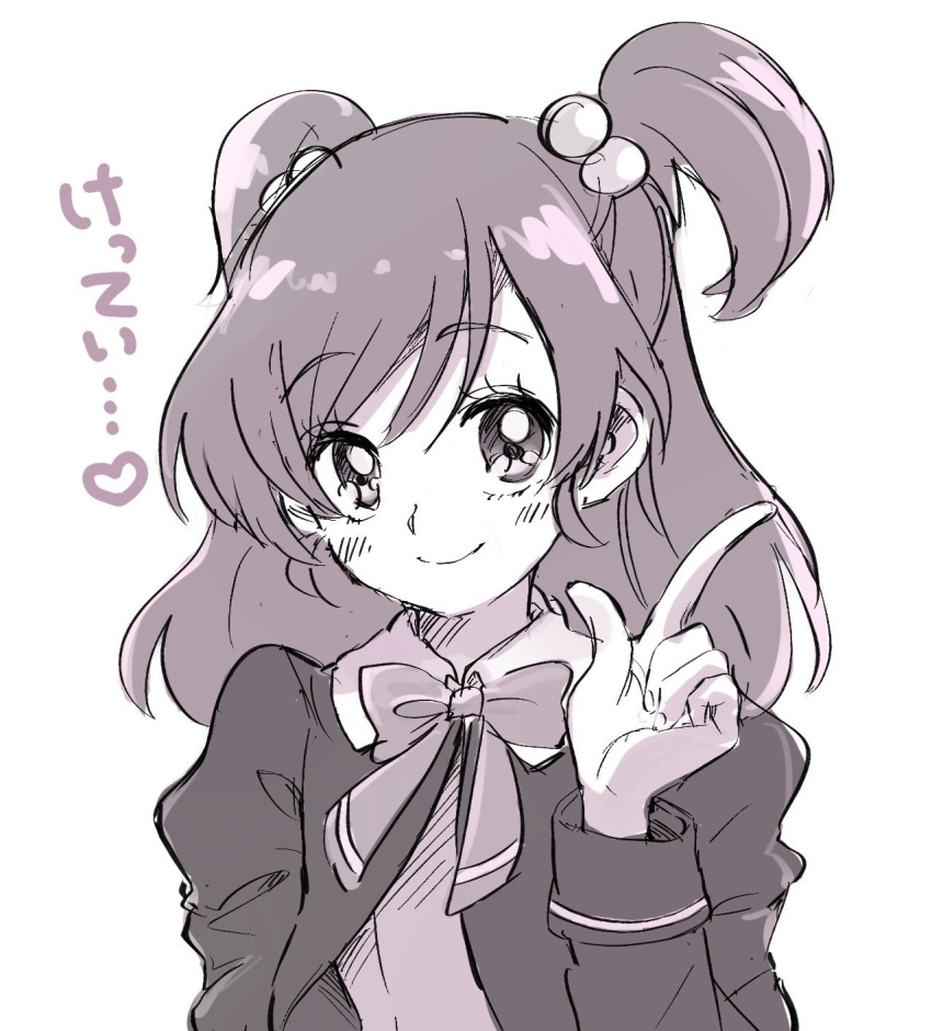 1girl bangs bow bowtie catchphrase cropped_jacket eyebrows_visible_through_hair greyscale hair_bobbles hair_ornament heart highres index_finger_raised juliet_sleeves l'ecole_des_cinq_lumieres_school_uniform long_sleeves looking_at_viewer medium_hair monochrome pointing pointing_up pre221b precure puffy_sleeves school_uniform simple_background sketch smile solo spoken_heart swept_bangs translated two_side_up upper_body white_background yes!_precure_5 yumehara_nozomi