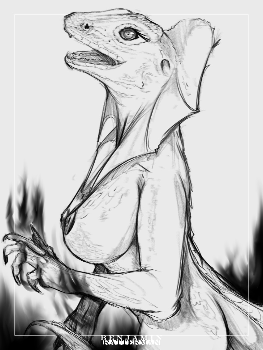 absurd_res anthro benjamin_ratterman big_breasts black_and_white breasts elemental_manipulation exposed_breasts female fire fire_manipulation hi_res lizard looking_at_viewer magic magic_user monochrome nude reptile scalie side_boob side_view solo