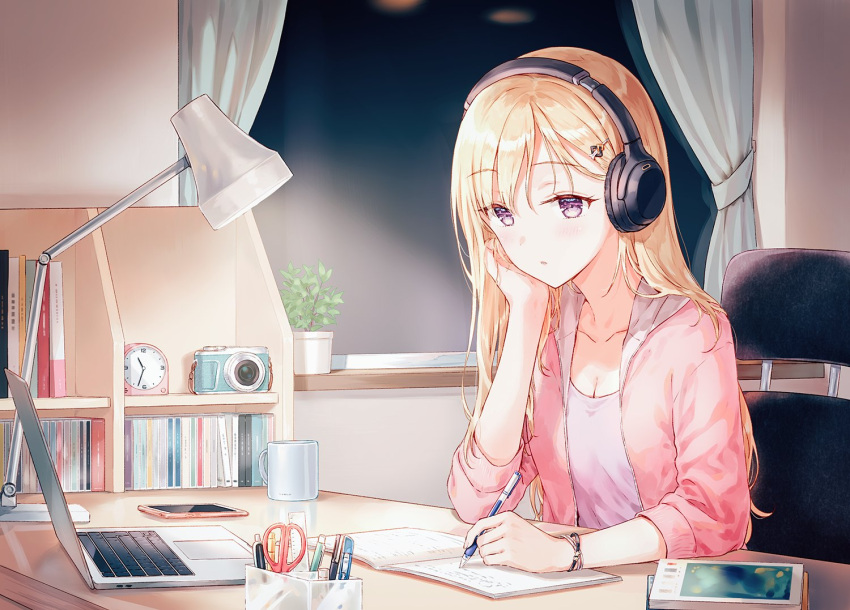 1girl ayase_saki bangs blonde_hair bracelet breasts camera chair cleavage clock collarbone computer cup curtains eyebrows_visible_through_hair gimai_seikatsu head_rest headphones hiten_(hitenkei) indoors jacket jewelry laptop long_hair official_art phone purple_eyes shirt sitting small_breasts solo studying window writing