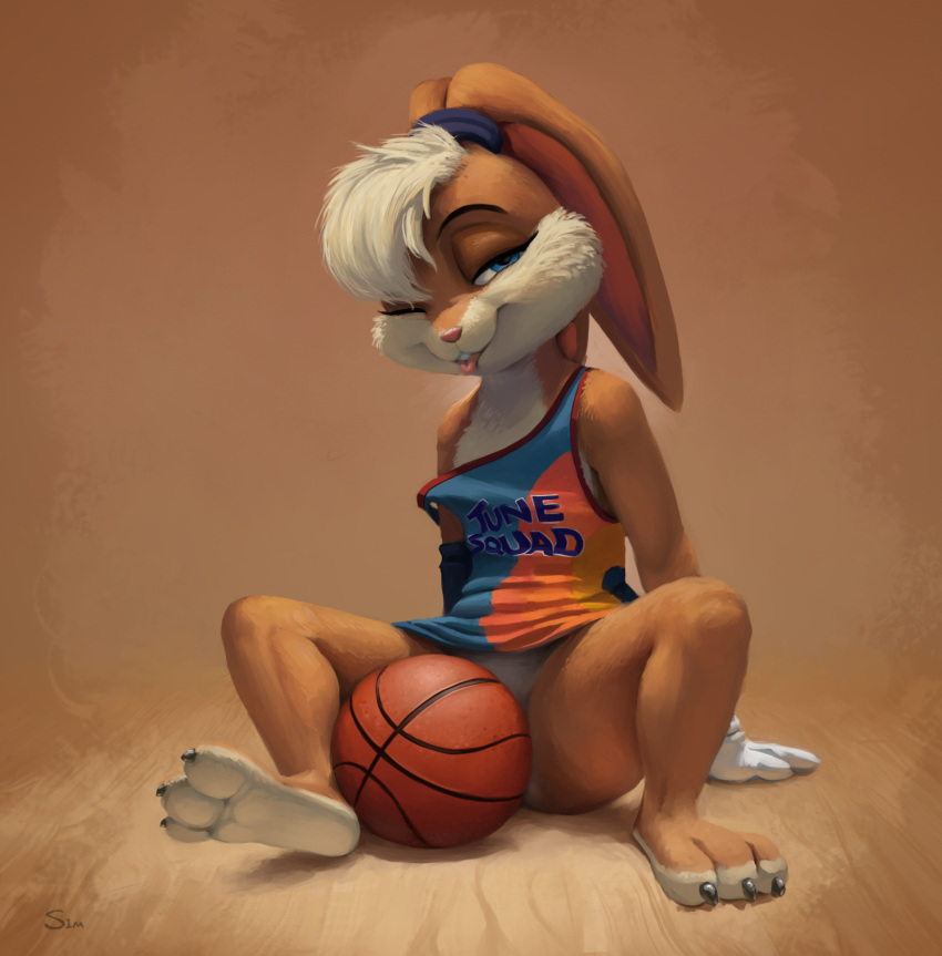 2021 3_toes anthro ball basketball_(ball) blep bottomless buckteeth clothed clothing feet female fur hi_res lagomorph leporid light lighting lola_bunny looking_at_viewer looney_tunes mammal rabbit s1m shaded shirt signature sitting smile solo tank_top teeth toes tongue tongue_out topwear warner_brothers