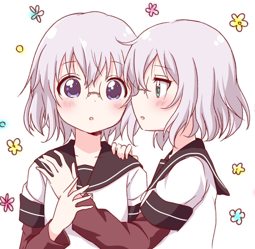 2girls :o bangs black_sailor_collar blue_eyes blush collarbone commentary_request eyebrows_visible_through_hair floral_background glasses green_eyes hand_on_another's_arm hand_on_another's_shoulder highres ikeda_chitose ikeda_chizuru light_purple_hair long_sleeves looking_at_another looking_at_viewer multiple_girls nanamori_school_uniform round_eyewear sailor_collar school_uniform serafuku shirt short_hair short_over_long_sleeves short_sleeves siblings sisters twins upper_body usagi_koushaku wavy_hair white_background white_shirt yuru_yuri