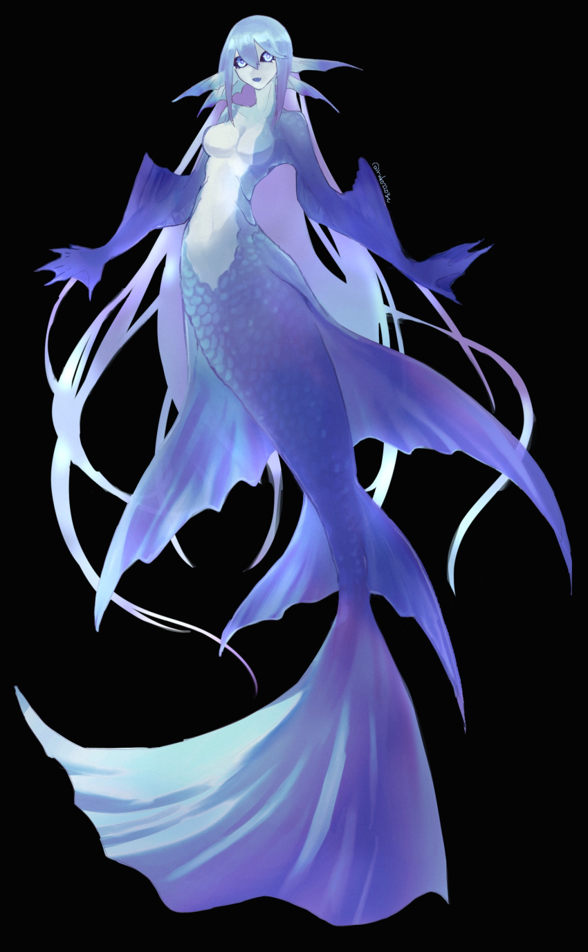 absurd_res arm_fins black_background black_sclera blue_eyes blue_hair breasts featureless_breasts female fin fin_ears floating gills hair hi_res humanoid long_hair marine membrane_(anatomy) merfolk navel open_mouth purple_body purple_skin ruko220 scales simple_background solo tail_fin webbed_hands