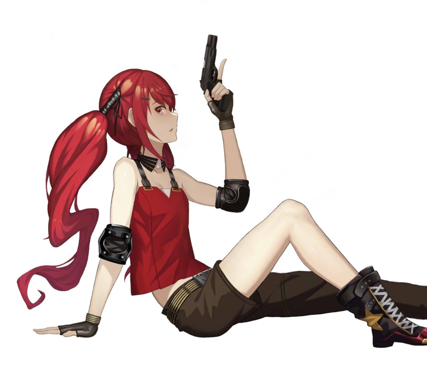 1girl asymmetrical_pants bangs belt boots brown_gloves brown_pants cero_(last2stage) cz-75 cz-75_(girls_frontline) eyebrows_visible_through_hair fingerless_gloves girls_frontline gloves gun hair_ornament hand_on_floor handgun highres holding holding_gun holding_weapon long_hair pants red_eyes red_hair red_shirt shirt sitting sitting_on_floor solo weapon white_background