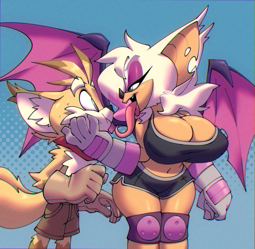 2_tails anthro bedroom_eyes big_breasts bigdad bodily_fluids bottomwear breasts canid canine chiropteran cleavage clothed clothing duo face_squish female fox gloves hair hair_over_eye hand_on_face handwear hi_res hotpants knee_pads long_tongue male male/female mammal midriff miles_prower multi_tail narrowed_eyes one_eye_obstructed rouge_the_bat seductive shorts sonic_the_hedgehog_(series) squish sweat tongue wings