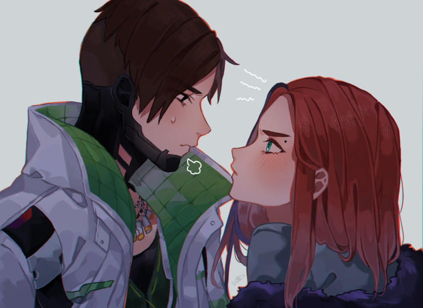 1boy 1girl apex_legends black_hair black_shirt blue_background blue_eyes blue_shirt brother_and_sister crypto_(apex_legends) from_side fur_trim green_vest hair_behind_ear iyo_(nanaka-0521) jacket jewelry looking_down mila_alexander mole_above_eye multicolored_hair necklace off_shoulder orange_hair parted_hair purple_hair shirt siblings streaked_hair undercut vest white_jacket