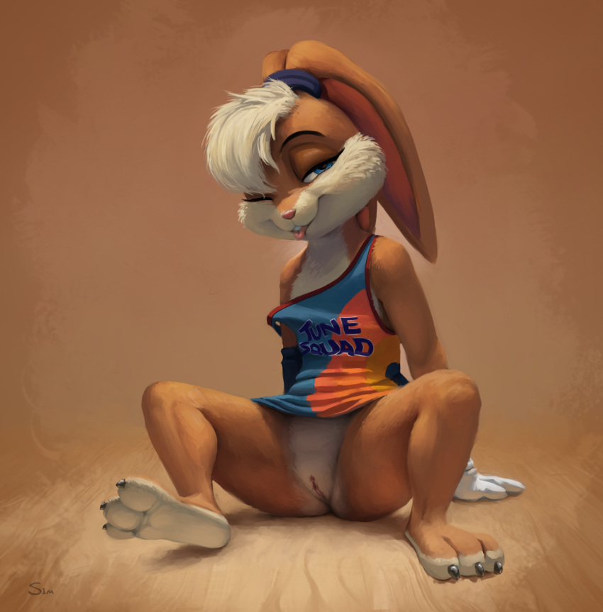 2021 3_toes anthro blep bottomless buckteeth clothed clothing feet female fur genitals hi_res lagomorph leporid light lighting lola_bunny looking_at_viewer looney_tunes mammal presenting presenting_pussy pussy rabbit s1m shaded shirt short_stack signature sitting solo space_jam space_jam:_a_new_legacy tank_top teeth toes tongue tongue_out topwear warner_brothers